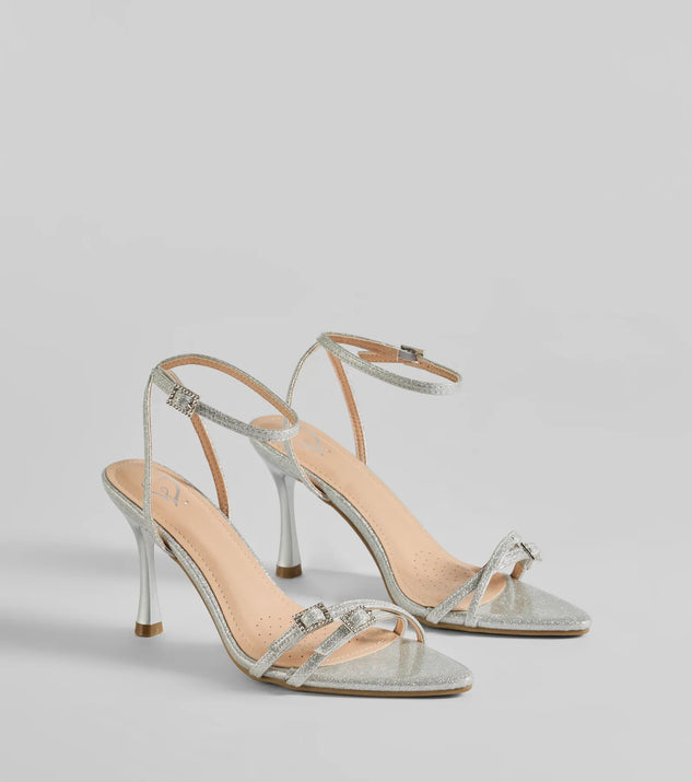 Get ready for any event with the Flawless Shimmer Strappy Glitter Stiletto Heels in silver, an essential start to creating a versatile outfit for women for parties, cocktail hours, or Valentine's Day events.