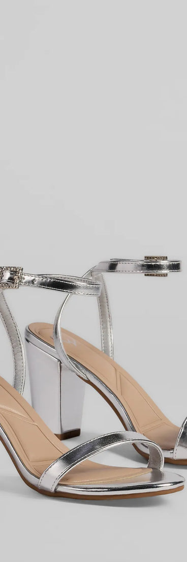 Step into style with the Pretty In Metallic Basic Block Heels, silver heels made to complete your Windsor look with comfort and glam in mind.
