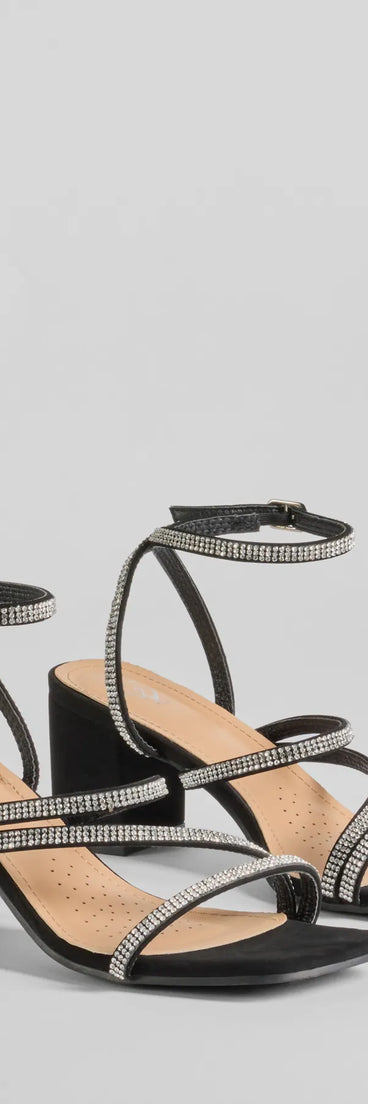 The Midnight Light Rhinestone Strappy Block Heels are versatile prom shoes designed for comfort and style, making them perfect for a night of celebration. Available in Black.
