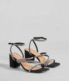 The Midnight Light Rhinestone Strappy Block Heels are versatile prom shoes designed for comfort and style, making them perfect for a night of celebration. Available in Black.