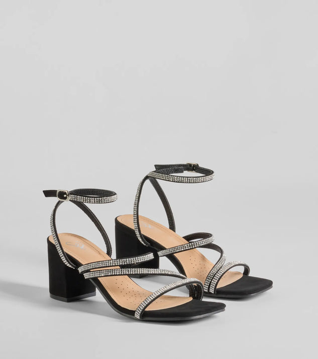 The Midnight Light Rhinestone Strappy Block Heels are versatile prom shoes designed for comfort and style, making them perfect for a night of celebration. Available in Black.