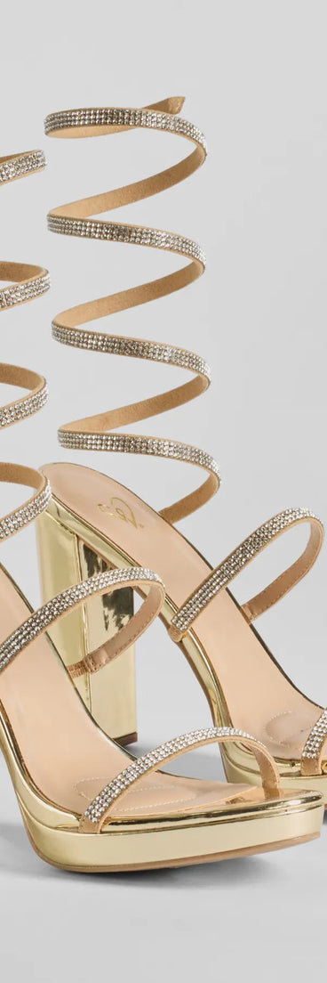 Fabulous Night Rhinestone Spiral Platform Heels are prom shoes with the perfect balance of style and comfort, ideal for dancing and long evening wear. Available in Gold.