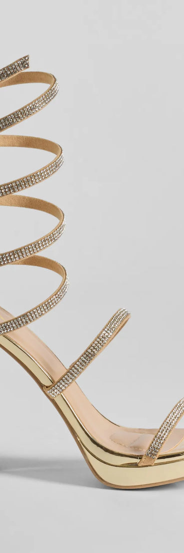 Fabulous Night Rhinestone Spiral Platform Heels are the perfect prom shoes, featuring a stylish and comfortable design that's ideal for dancing all night. Available in Gold.