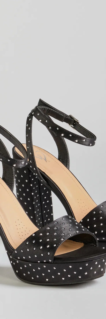 Get ready for any event with the Dazzling Moments Rhinestone Platform Satin Block Heels in black, an essential start to creating a versatile outfit for women for parties, cocktail hours, or Valentine's Day events.