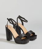Get ready for any event with the Dazzling Moments Rhinestone Platform Satin Block Heels in black, an essential start to creating a versatile outfit for women for parties, cocktail hours, or Valentine's Day events.