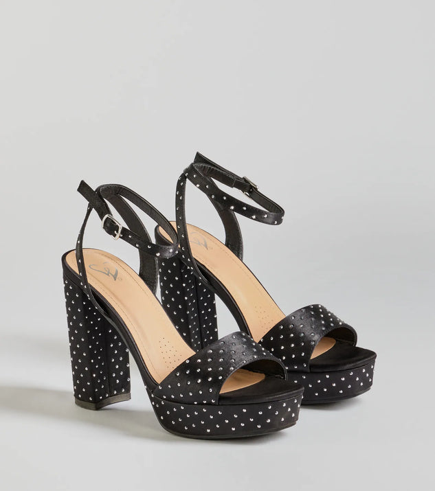 Get ready for any event with the Dazzling Moments Rhinestone Platform Satin Block Heels in black, an essential start to creating a versatile outfit for women for parties, cocktail hours, or Valentine's Day events.