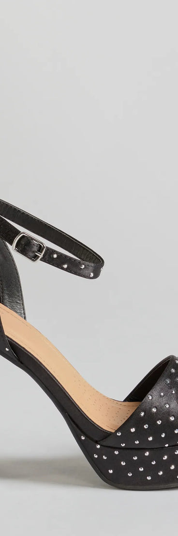 Get ready for any event with the Dazzling Moments Rhinestone Platform Satin Block Heels in black, an essential start to creating a versatile outfit for women for parties, cocktail hours, or Valentine's Day events.