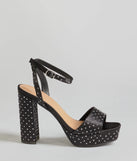 Get ready for any event with the Dazzling Moments Rhinestone Platform Satin Block Heels in black, an essential start to creating a versatile outfit for women for parties, cocktail hours, or Valentine's Day events.