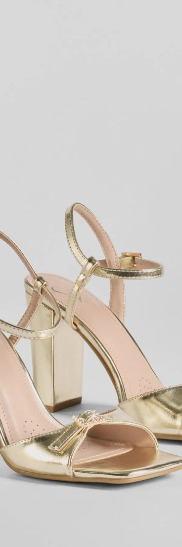Step out in these Glamorous Allure Rhinestone Buckle Block Heels, perfect as prom shoes with their elegant style and glittering details to complement any outfit. Available in Gold.