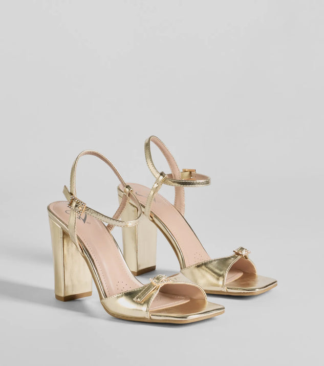Step out in these Glamorous Allure Rhinestone Buckle Block Heels, perfect as prom shoes with their elegant style and glittering details to complement any outfit. Available in Gold.