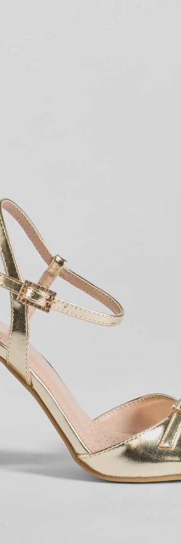 The Glamorous Allure Rhinestone Buckle Block Heels are versatile prom shoes designed for comfort and style, making them perfect for a night of celebration. Available in Gold.