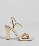 The Glamorous Allure Rhinestone Buckle Block Heels are versatile prom shoes designed for comfort and style, making them perfect for a night of celebration. Available in Gold.