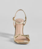 Glamorous Allure Rhinestone Buckle Block Heels are prom shoes with the perfect balance of style and comfort, ideal for dancing and long evening wear. Available in Gold.