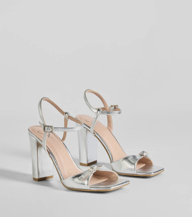 Party Moves Rhinestone Buckle Metallic Block Heels are prom shoes with the perfect balance of style and comfort, ideal for dancing and long evening wear. Available in Silver.