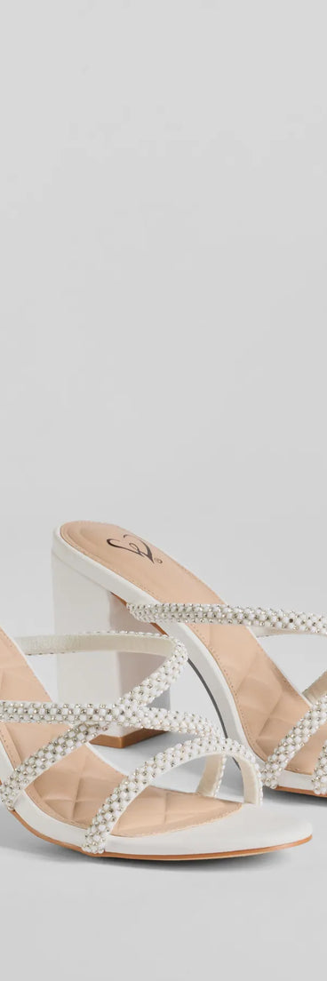 Beauty Unraveled Faux Pearl Rhinestone Block Heels, a trendy white addition to women's going-out outfits, is ideal for Christmas party outfits, chic NYE attire, or winter night-out looks that keep you on-trend!