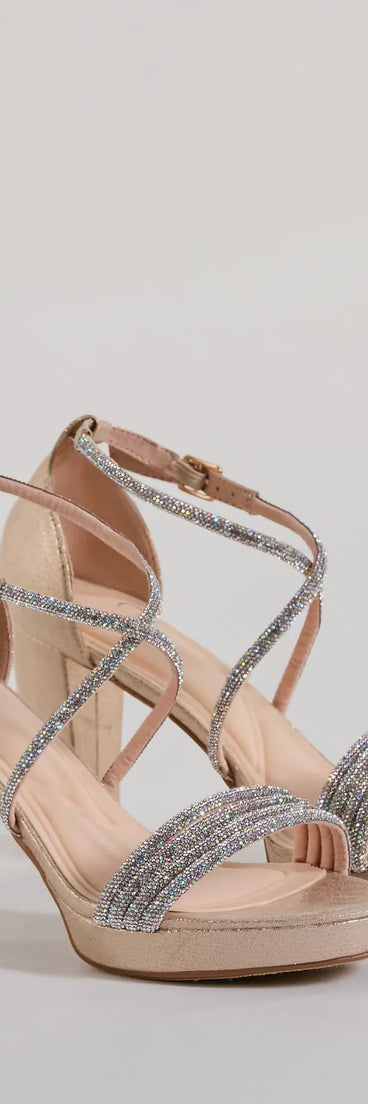 Step into style with the Gloss Up Glitter Rhinestone Platform Block Heels, gold heels made to complete your Windsor look with comfort and glam in mind.