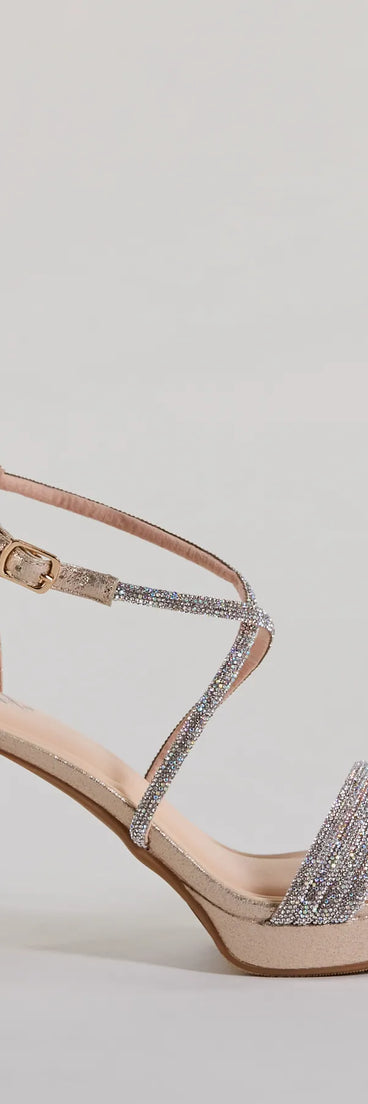 Elevate warm-weather looks with Gloss Up Glitter Rhinestone Platform Block Heels in gold, a pair of trendy sandals bringing chic, modern flair to every step.