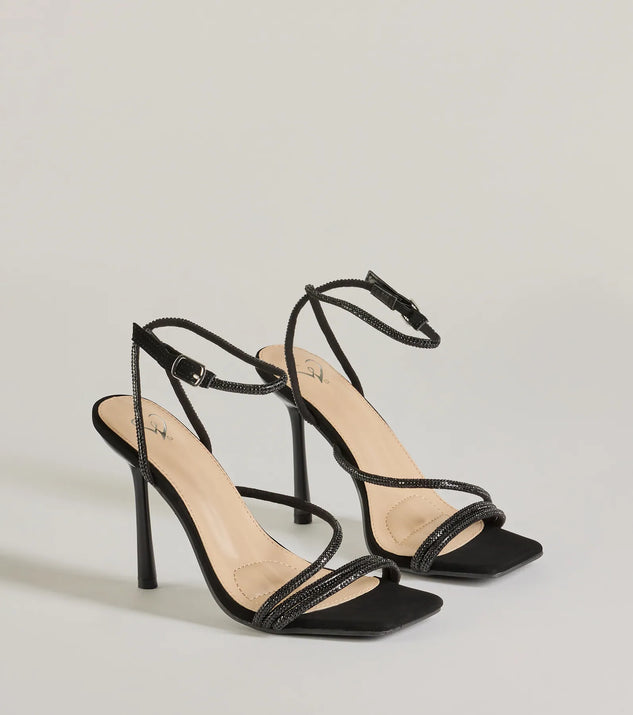 Get ready for any event with the Amped Up Glam Rhinestone Strappy Stiletto Heels in black, an essential start to creating a versatile outfit for women for parties, cocktail hours, or Valentine's Day events.