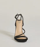 Get ready for any event with the Amped Up Glam Rhinestone Strappy Stiletto Heels in black, an essential start to creating a versatile outfit for women for parties, cocktail hours, or Valentine's Day events.