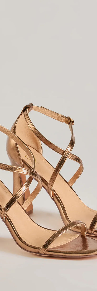 The Glam Plans Strappy Metallic Block Heels are versatile prom shoes designed for comfort and style, making them perfect for a night of celebration. Available in Bronze.