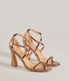 The Glam Plans Strappy Metallic Block Heels are versatile prom shoes designed for comfort and style, making them perfect for a night of celebration. Available in Bronze.