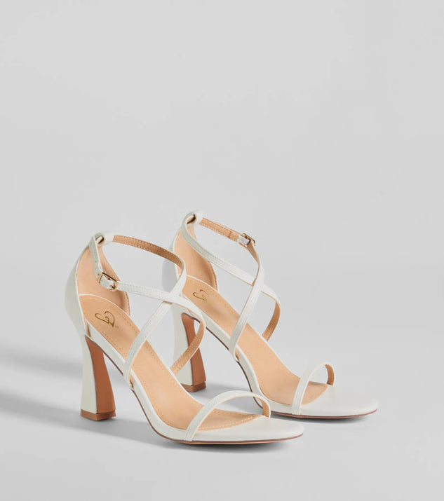 The Dazzling Chic Strappy Faux Leather Block Heels helps create a chic women's white cocktail outfit with a trendy texture and stylish design, ideal for wedding guest cocktail outfits or dinner parties.