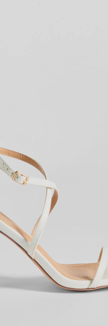 The Dazzling Chic Strappy Faux Leather Block Heels helps create a chic women's white cocktail outfit with a trendy texture and stylish design, ideal for wedding guest cocktail outfits or dinner parties.