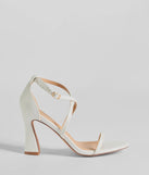 The Dazzling Chic Strappy Faux Leather Block Heels helps create a chic women's white cocktail outfit with a trendy texture and stylish design, ideal for wedding guest cocktail outfits or dinner parties.