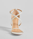 The Dazzling Chic Strappy Faux Leather Block Heels helps create a chic women's white cocktail outfit with a trendy texture and stylish design, ideal for wedding guest cocktail outfits or dinner parties.