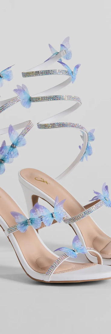 Step into style with the Mythical Babe Butterfly Rhinestone Spiral Stiletto Heels, white heels made to complete your Windsor look with comfort and glam in mind.