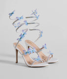 Mythical Babe Butterfly Rhinestone Spiral Stiletto Heels, a trendy white addition to women's going-out outfits, is ideal for spring break outfits, chic GNO attire, or going-out looks that keep you feeling cofident and stylish!