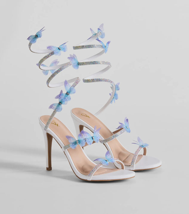 Mythical Babe Butterfly Rhinestone Spiral Stiletto Heels, a trendy white addition to women's going-out outfits, is ideal for spring break outfits, chic GNO attire, or going-out looks that keep you feeling cofident and stylish!