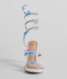 Mythical Babe Butterfly Rhinestone Spiral Stiletto Heels, a trendy white addition to women's going-out outfits, is ideal for spring break outfits, chic GNO attire, or going-out looks that keep you feeling cofident and stylish!