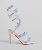 Mythical Babe Butterfly Rhinestone Spiral Stiletto Heels, a trendy white addition to women's going-out outfits, is ideal for spring break outfits, chic GNO attire, or going-out looks that keep you feeling cofident and stylish!