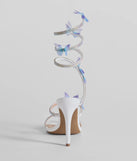Mythical Babe Butterfly Rhinestone Spiral Stiletto Heels, a trendy white addition to women's going-out outfits, is ideal for spring break outfits, chic GNO attire, or going-out looks that keep you feeling cofident and stylish!