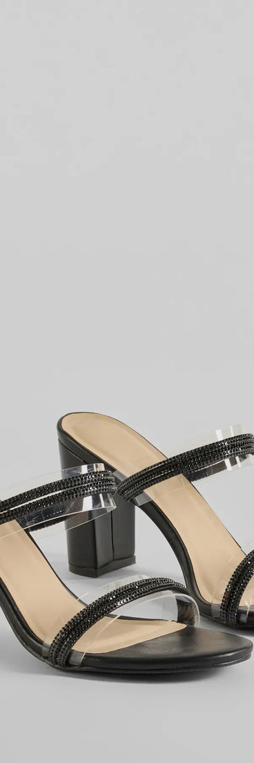 All The Glam Rhinestone Clear Strap Block Heels, a trendy black addition to women's going-out outfits, is ideal for Christmas party outfits, chic NYE attire, or winter night-out looks that keep you on-trend!