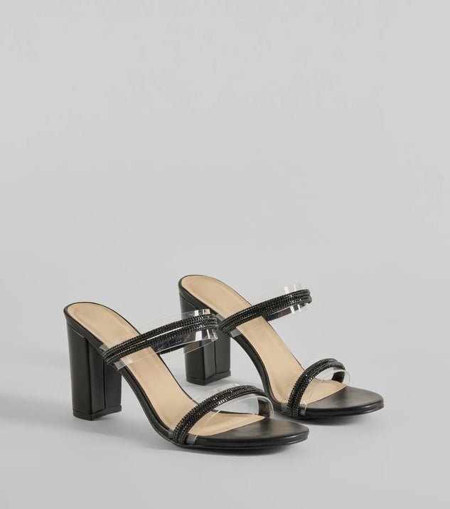 All The Glam Rhinestone Clear Strap Block Heels, a trendy black addition to women's going-out outfits, is ideal for Christmas party outfits, chic NYE attire, or winter night-out looks that keep you on-trend!