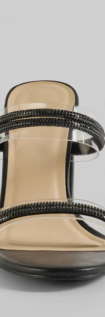 All The Glam Rhinestone Clear Strap Block Heels, a trendy black addition to women's going-out outfits, is ideal for Christmas party outfits, chic NYE attire, or winter night-out looks that keep you on-trend!