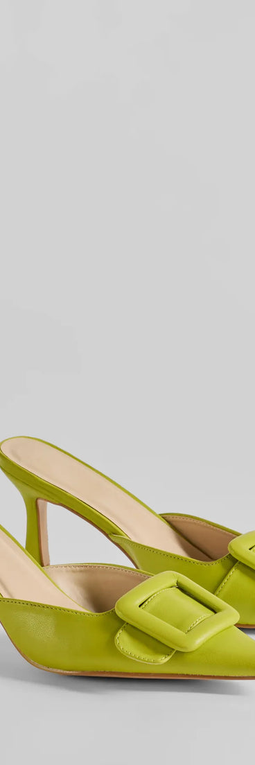 Elevate your work wardrobe with the Get To The Point Belt Closed Toe Stiletto Pumps in olive, a versatile women's shoe perfect for the office; that combines style with comfort for seamless desk-to-dinner transitions.