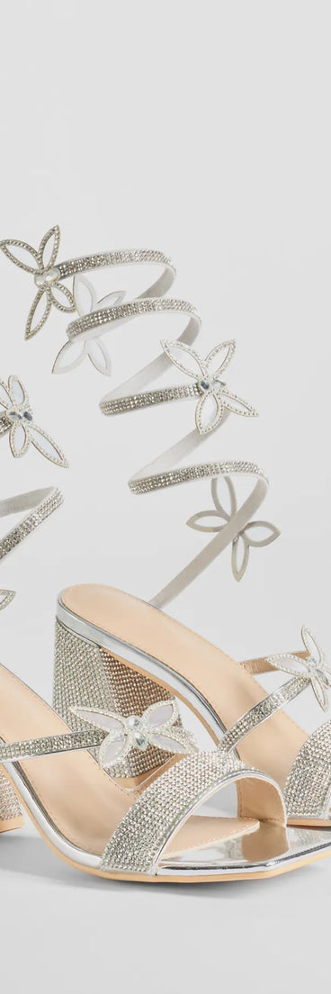 These silver homecoming shoes, the Glitzy Rhinestone Butterfly Spiral Strap Block Heels, combine sleek style and comfort for the perfect night out.