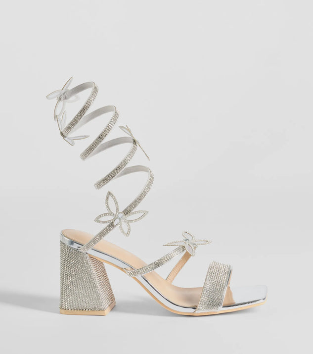Glitzy Rhinestone Butterfly Spiral Strap Block Heels | Windsor