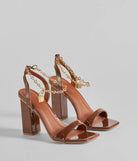 Elevate your work wardrobe with the Locked In Chain Ankle Patent Block Heels in tan, a versatile women's shoe perfect for the office; that combines style with comfort for seamless desk-to-dinner transitions.