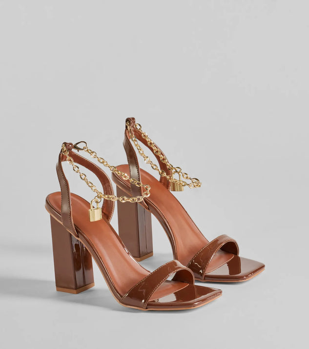Elevate your work wardrobe with the Locked In Chain Ankle Patent Block Heels in tan, a versatile women's shoe perfect for the office; that combines style with comfort for seamless desk-to-dinner transitions.