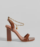 Elevate your work wardrobe with the Locked In Chain Ankle Patent Block Heels in tan, a versatile women's shoe perfect for the office; that combines style with comfort for seamless desk-to-dinner transitions.