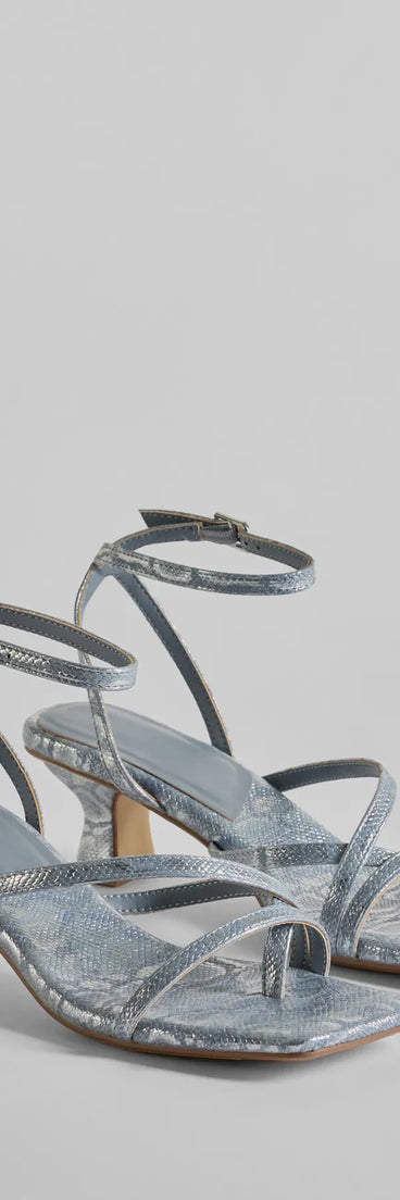Elevate your work wardrobe with the Glam Attitude Metallic Snake Print Kitten Heels in periwinkle, a versatile women's shoe perfect for the office; that combines style with comfort for seamless desk-to-dinner transitions.