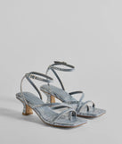 Elevate your work wardrobe with the Glam Attitude Metallic Snake Print Kitten Heels in periwinkle, a versatile women's shoe perfect for the office; that combines style with comfort for seamless desk-to-dinner transitions.