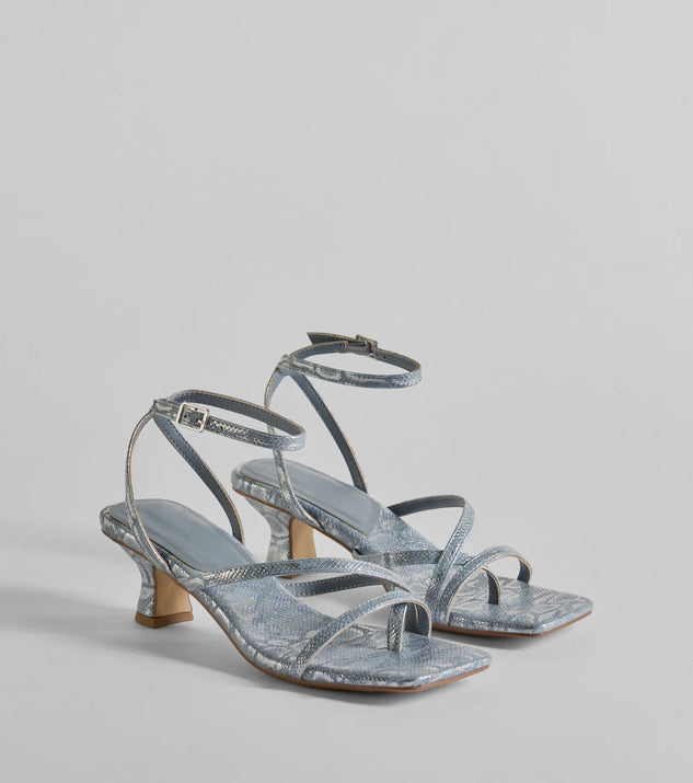 Elevate your work wardrobe with the Glam Attitude Metallic Snake Print Kitten Heels in periwinkle, a versatile women's shoe perfect for the office; that combines style with comfort for seamless desk-to-dinner transitions.