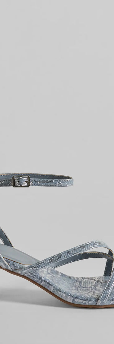 Elevate your work wardrobe with the Glam Attitude Metallic Snake Print Kitten Heels in periwinkle, a versatile women's shoe perfect for the office; that combines style with comfort for seamless desk-to-dinner transitions.