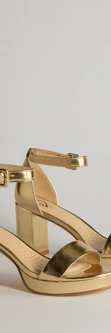 Bring The Shine Metallic Faux Leather Platform Heels, a trendy gold addition to women's going-out outfits, is ideal for Christmas party outfits, chic NYE attire, or winter night-out looks that keep you on-trend!