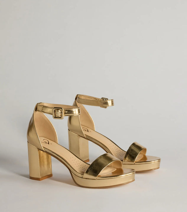 Bring The Shine Metallic Faux Leather Platform Heels, a trendy gold addition to women's going-out outfits, is ideal for Christmas party outfits, chic NYE attire, or winter night-out looks that keep you on-trend!